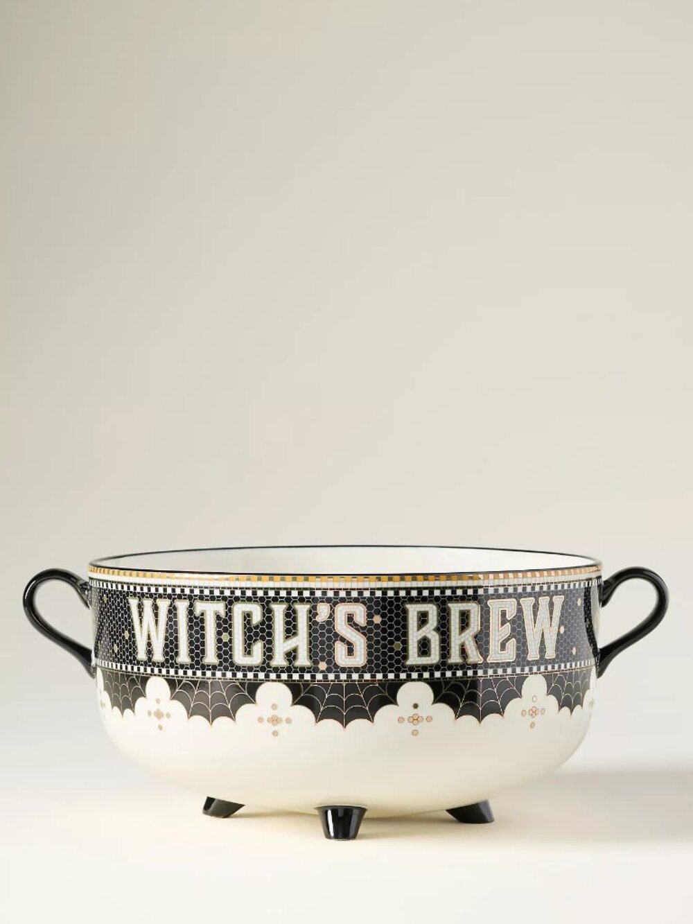 Anthropologie Halloween Bistro Tile Candy Bowl Exclusive Black, 24K Gold & White